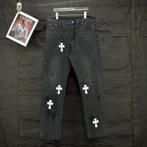Chrome Hearts Black And White Cross Embroidered Applique Jeans